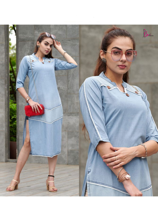 Rapid Different Shades Of Denim Funky Look Party Wear Kurtis Manufacturers